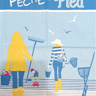 Nouveauté Torchon "PECHE à PIED " bleu clair et jaune  100 % coton    49 x 71